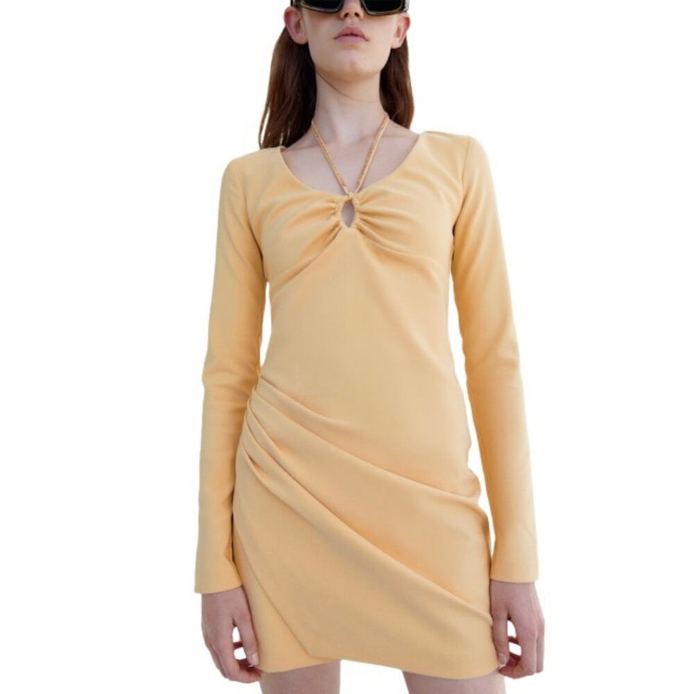 Zara Butter Yellow Ruched Mini Dress Long Sleeves Cutout Bodycon Y2K Size L Euro